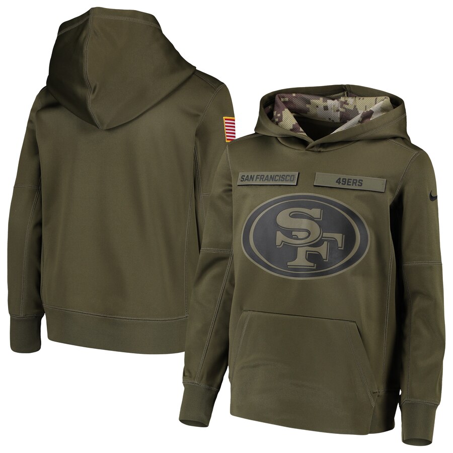 Men's San Francisco 49ers 2018 Olive Salute to Service Sideline Therma Performance Pullover Stitched Hoodie